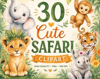 30 Safari Aquarell Tiere Clipart (digitaler Download)