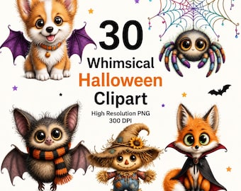 30 wunderliche Halloween Tiere Clipart Bundle (digitaler Download)