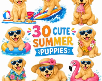 Golden Retriever Welpe Sommer Clipart - Strandhund Illustrationen (digitaler Download)