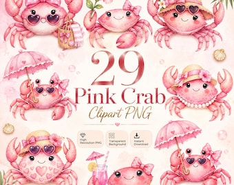 Pink Krabbe Clipart Bundle: Aquarell Ozean Grafik (Digitaler Download)