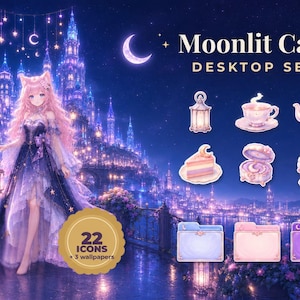 Cute Desktop Wallpaper Set | Fantasy Café Wallpapers, Desktop Icons and Folder Icons | Moonlit Café for Mac and Windows
