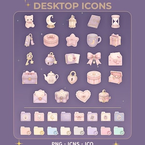 May include: A digital collection of 40 cute desktop icons labeled Petite Étoile 40 CUTE DESKTOP ICONS. The set includes pastel-colored illustrations of cats, moons, lanterns, books, hourglasses, keys, bows, teapots, hearts, and various folder designs.
