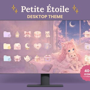 Kawaii Pastel Desktop Icon Set: 40 Cute Icons & 3 Anime Cat Girl Wallpapers for Mac and Windows