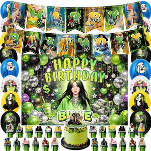 Op de afbeelding: Een feestdecoratieset met een Billie Eilish-thema, inclusief een Happy Birthday-banner met wimpels, een grote achtergrond met portret, groene en zwarte ballonnen en een taarttopper met bijpassende cupcake-prikkers.