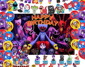 Set de decoración de cumpleaños con monstruos de dibujos animados espeluznantes, artículos para fiestas temáticas de juegos de terror para cumpleaños infantiles, con pancarta, globos y adornos para cupcakes.