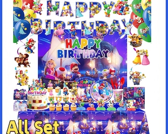 Kit de decoración para fiesta de cumpleaños con temática de videojuegos arcade clásicos, artículos infantiles con temática de los hermanos fontaneros, pancarta, mantel, globos y adornos para pastel.