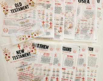 May include: A collection of translucent vellum sheets featuring printed Bible study summaries. Each page displays book titles like Genesis, Hosea, and Matthew, alongside key verses, major themes, and floral illustrations in soft pink and orange tones.