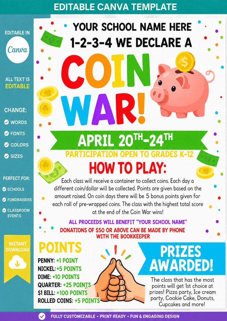 Editable Coin War Flyer Template | School Fundraiser Poster (instant ...