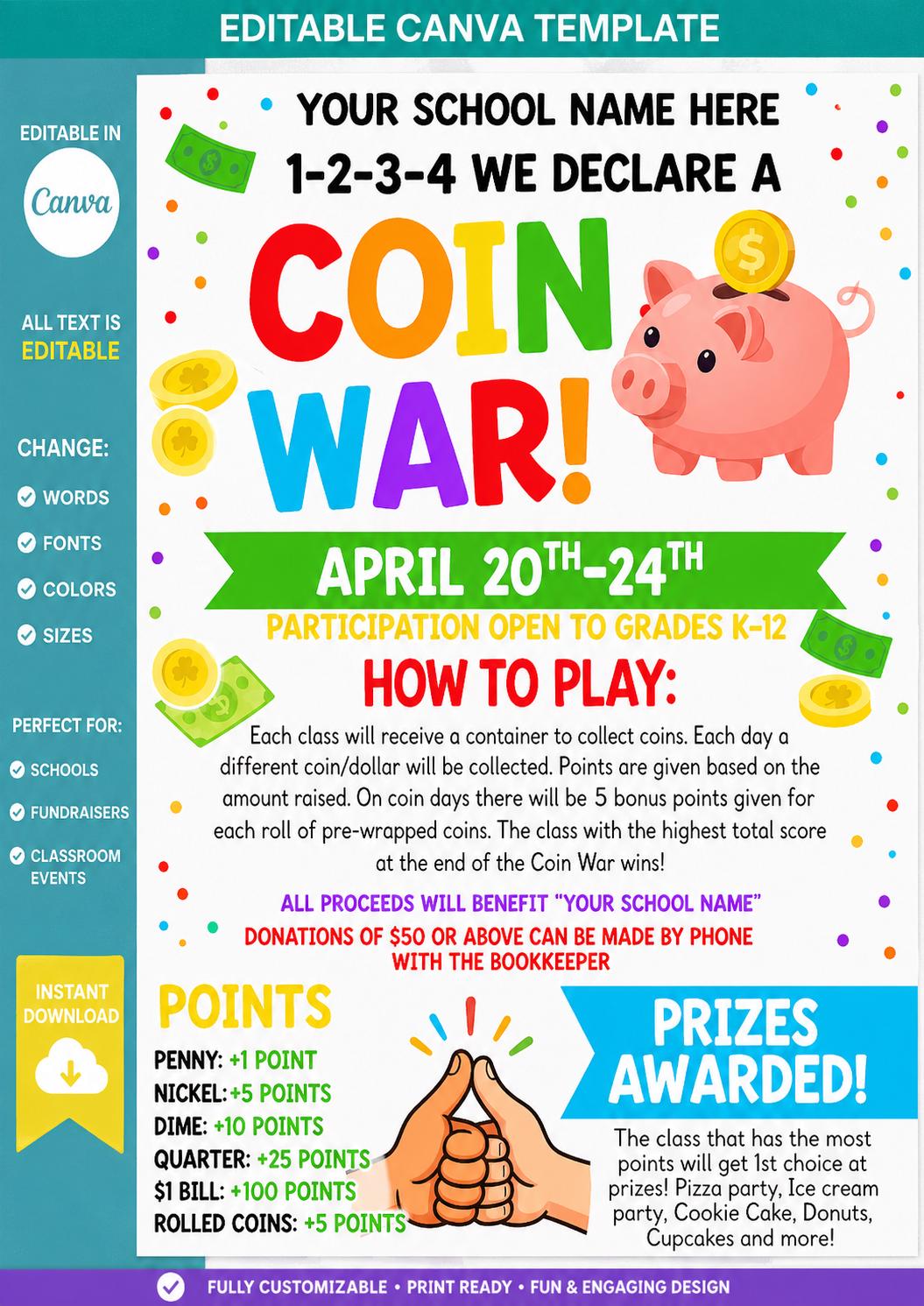 Editable Coin Editable Coin War Flyer Template | School Fundraiser Poster (instant ...