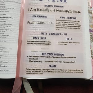 May include: A translucent vellum page insert for a Bible featuring the title I AM IDENTITY STATEMENT and the text I Am fearfully and Wonderfully Made. It includes sections for KEY SCRIPTURE, WHAT THIS MEANS, TRUTH TO REMEMBER vs. LIE, REFLECTION QUESTIONS, and a PRAYER.