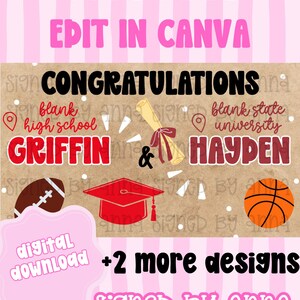 Puede incluir: Anuncio de graduación digital con el texto "Felicidades" y campos personalizables para la escuela secundaria y la universidad. El diseño incluye un diploma, un birrete, un balón de fútbol americano y un baloncesto. Las dimensiones son 0,91 m por 1,52 m.