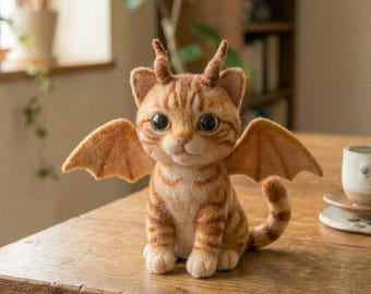 Ręcznie robiona rzeźba kota-smoka z filcu, fantazyjna figurka kociaka z wełny, dekoracja w stylu fantasy