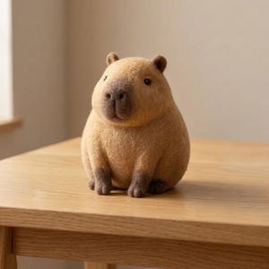 Puede incluir: Una figura de capibara de lana afieltrada con un cuerpo redondo y regordete. La pieza está elaborada con fibras de lana de color tostado y marrón claro, con pequeños ojos oscuros, un hocico romo y detalles en marrón oscuro en las patas y la nariz.