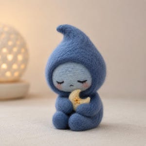 May include: A needle-felted figurine of a small creature with light blue skin, wearing a dark blue hooded cloak. The creature has closed eyes, pink cheeks, and is holding a small, cream-coloured crescent moon with a stitched gold star in its centre.