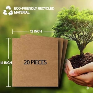 May include: A stack of 20 brown square pieces, each measuring 30.48 cm. The image includes the text "ECO-FRIENDLY RECYCLED MATERIAL". A small tree is held in cupped hands, with a green background.