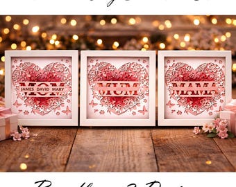 Mother's Day Shadow Box Bundle SVG, Mom Mum Mama Heart Papercut, 3D Layered Flower Frame, Personalized Gift for Mom, Floral Heart SVG File