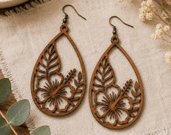 Tropical Summer Earrings Laser Cut File, Hibiscus Earrings SVG, Wooden Teardrop Earring SVG, Laser Cut Jewelry File