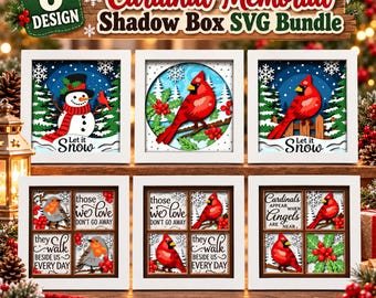 6 Cardinal Memorial Shadow Box SVG Bundle, Christmas Cardinal SVG, Layered Papercut Light Box, Memorial Cricut Digital Download