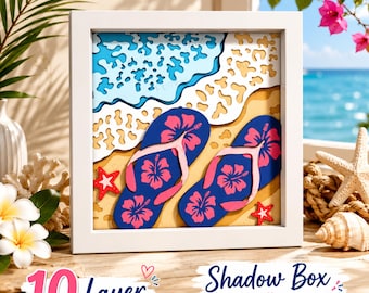 Beach Flip Flops Shadow Box SVG, Summer Beach Layered SVG, Tropical Ocean Papercut, Flip Flop Shadow Box File, Coastal Decor