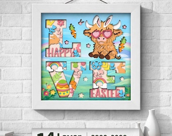Highland Cow Easter Shadow Box SVG, 14 Layer 3D Papercut, Cute Bunny Cow, Happy Easter Decor, Laser Cut File, Cricut Silhouette
