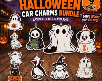Funny Halloween Car Charms Bundle SVG, 9 Spooky Car Hanging Ornament Designs, Ghost Cat Frog Duck Laser Cut Files, Halloween Glowforge SVG