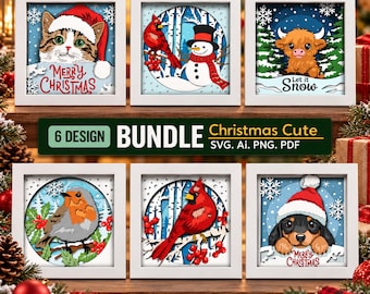 Christmas Cute SVG Bundle, 6 Layered Christmas Designs, Cat Dog Snowman Cardinal Highland Cow SVG, Cricut PngPDF Ai Cut Files