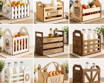 Farmhouse Wooden Crate SVG Bundle, Laser Cut Crate Files, Wooden Storage Box SVG, Farm Basket, Milk Crate, Fruit Basket DXF