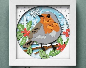 Robin Bird Christmas Shadow Box, 3D Layered Paper Cut SVG, Holiday Light Box File, Winter Bird Cricut Design, Laser Cut Decor