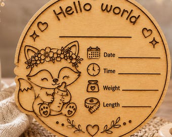 Baby Milestone Sign Laser Cut File, Hello World Birth Announcement, Newborn Name Sign SVG, Baby Stats Plaque, Nursery Decor SVG
