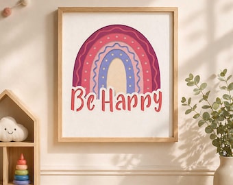Rainbow Nursery Wall Art, Be Happy Printable, Retro Boho Kids Room Decor, Pink Purple Rainbow Poster, Baby Girl Room Digital Download