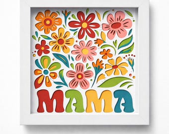 Floral Mama Shadow Box SVG, Layered Paper Cut Flowers SVG, Mom Gift SVG File, 3D Paper Art Frame Design, Cricut Laser Cut Template