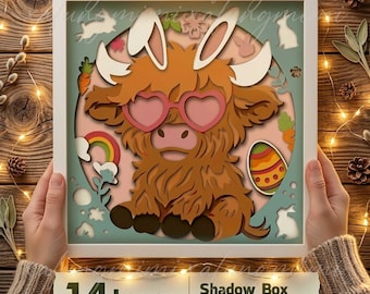 Cute Bunny Cow 14 Layer Papercut SVG, Easter Highland Cow Shadow Box SVG, Bunny Cow SVG, Easter Papercut Template, Cricut Laser Cut File