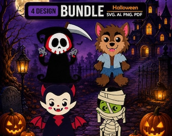 Halloween Characters SVG Bundle, 4 Spooky Monster Designs, Grim Reaper Werewolf Vampire Mummy SVG, Halloween Laser Cut Files