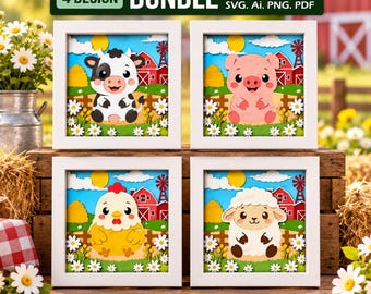 Farm Animal Shadow Box SVG Bundle, Cute Cow Pig Chicken Sheep SVG, Layered Farm Papercut, Cricut Digital Download