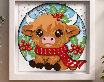 Christmas Cow Shadow Box SVG, Cute Highland Cow Layered SVG, Winter Holiday Paper Cut File, 3D Shadow Box Cricut Laser Cut Template