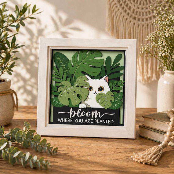 Cat Shadow Box SVG, Bloom Where You Are Planted, Layered Paper Cut File, Tropical Leaf Wall Art, Cute Cat Frame Decor, Cricut PNG