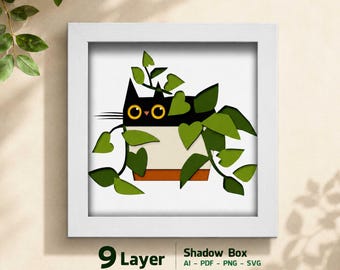 Black Cat Shadow Box SVG, Layered Cat Paper Cut File, 3D Cat Wall Art, Cricut Laser Cut Template, Plant Cat SVG Bundle