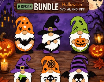 Halloween Gnome SVG Bundle, 6 Spooky Gnome Designs, Witch Pumpkin Bat Skull Spider SVG, Halloween Laser Cut Files, Cricut Glowforge Png Pdf