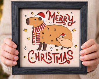 Capybara Christmas Shadow Box SVG, Merry Christmas Capybara SVG, Layered Christmas SVG, Laser Cut File, Cricut Silhouette
