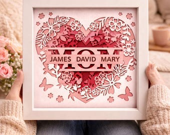 Heart Floral MOM Shadow Box SVG, Personalized Mother's Day Gift, 3D Layered Papercut File, Custom Name Box, Flower Heart SVG, Glowforge File