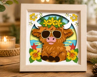 Highland Cow Summer Shadow Box SVG, Tropical Cow Layered SVG, Beach Cow Papercut File, Summer Shadow Box, Farm Animal SVG