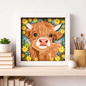 Highland Cow Shadow Box SVG, Cute Cow Layered Paper Cut File, Floral Farm Animal Wall Art, Laser Cut Cricut SVG