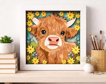 Highland Cow Shadow Box SVG, Cute Cow Layered Paper Cut File, Floral Farm Animal Wall Art, Laser Cut Cricut SVG