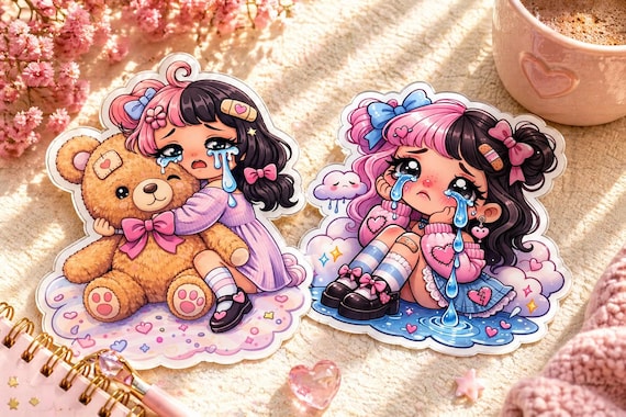 Crying Kawaii Girl Sticker Sad Girl Aesthetic Emotional Support Sticker Cute Pastel Goth Sticker Crybaby Sticker