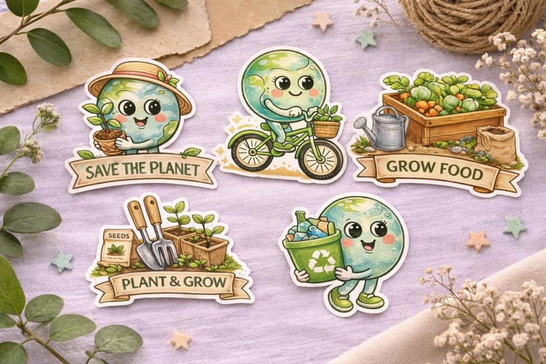 Cute Earth Day 5 Sticker Pack – Eco Friendly Stickers, Save the Planet ...