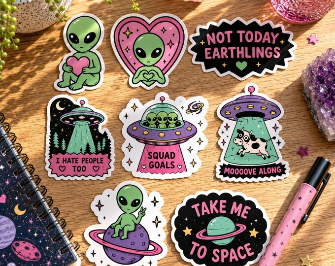 Alien Sticker Set of 8 Funny UFO Vinyl Stickers - Etsy