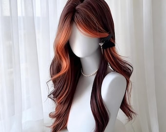 Customization，Brown to Orange Ombre Wavy Wig for Women, Long Synthetic Hair with Side Bangs, Heat Resistant Cosplay  Daily Wear