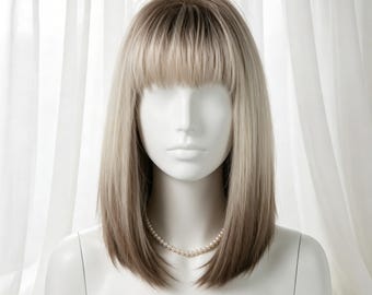 Customization,Ombre Blonde Bob Wig with Bangs, Straight Synthetic Wig for Women, Heat Resistant, Natural Hair Wig for Daily  Party