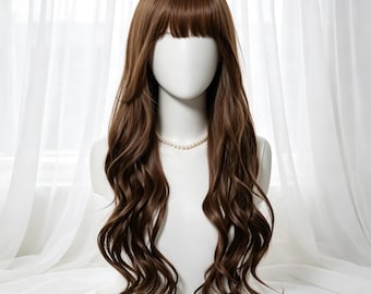 Personalizacja, długa brązowa, falowana peruka syntetyczna z grzywką, naturalne włosy ombre, odporna na ciepło, idealna do codziennego cosplayu