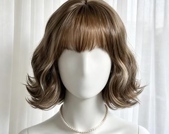 Customization，Chestnut Brown Highlighted Wavy Bob Wig with Air Bangs, Heat Resistant Synthetic Short Hair Wig for Daily Styling